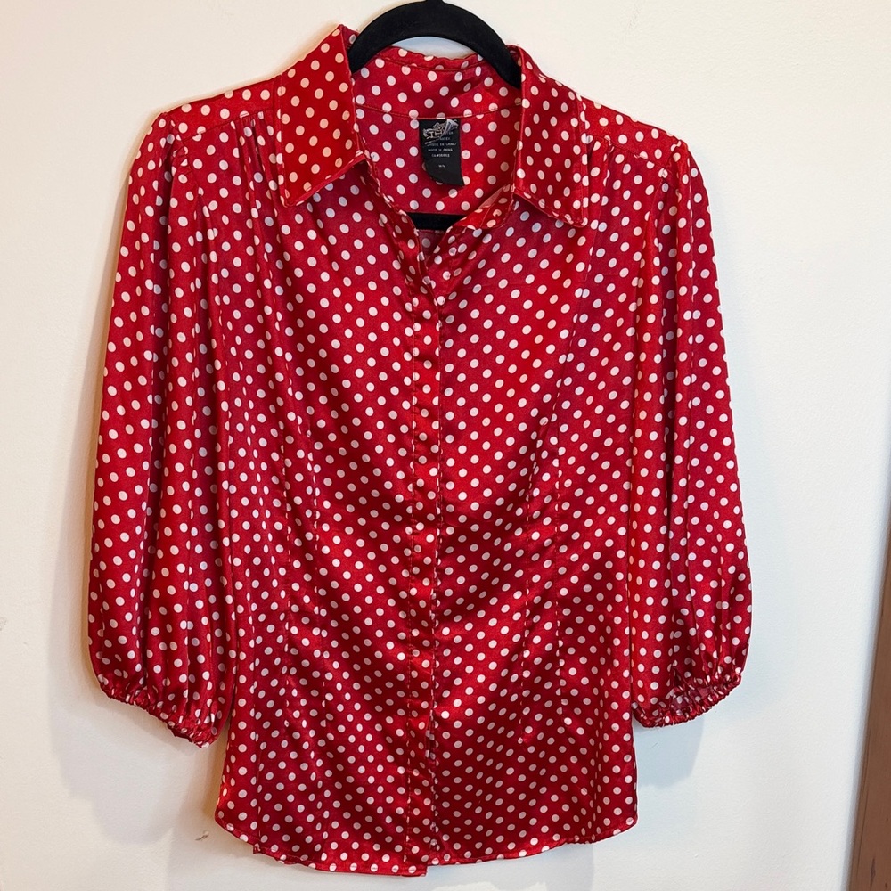 THX Chic Red Polka Dot Satin Blouse with Elastic Sleeves, M- 50s Retro, Art Deco